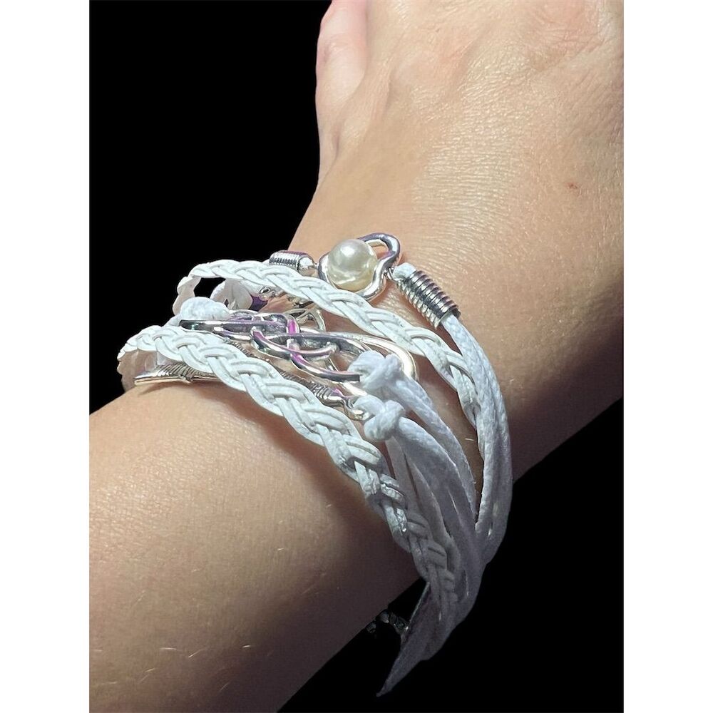 French-Themed Faux Leather Bracelet w/ Silver Charms & Pearl - White Adj… - Picture 5 of 8